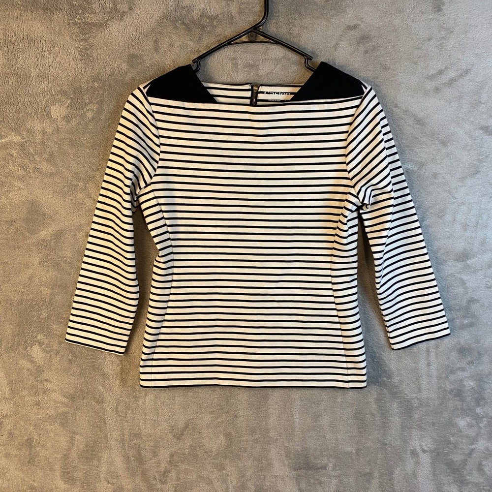 Caslon Knit Top Womens Small Striped 3/4 Sleeve Back Zip Black White EUC